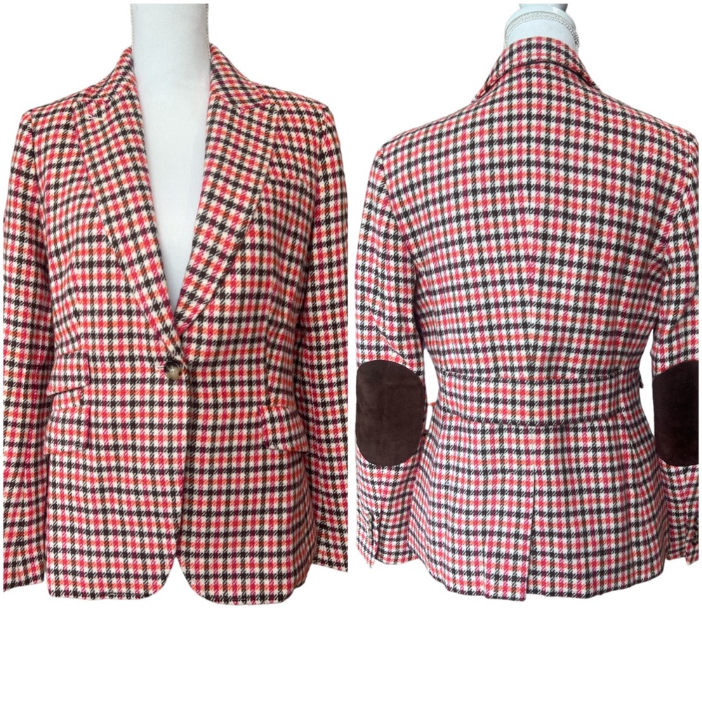 Talbots Blazer Womens Size 8 Houndstooth Elbow Patch Jacket Coat Wool Blend